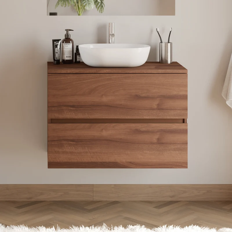 Meuble de salle de bain 80cm avec plateau et vasque à poser arrondie - 2 tiroirs - IDA