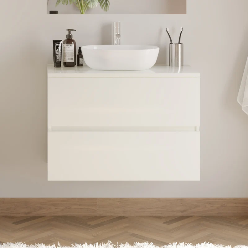 Meuble de salle de bain 80cm avec plateau et vasque à poser arrondie - 2 tiroirs - IDA