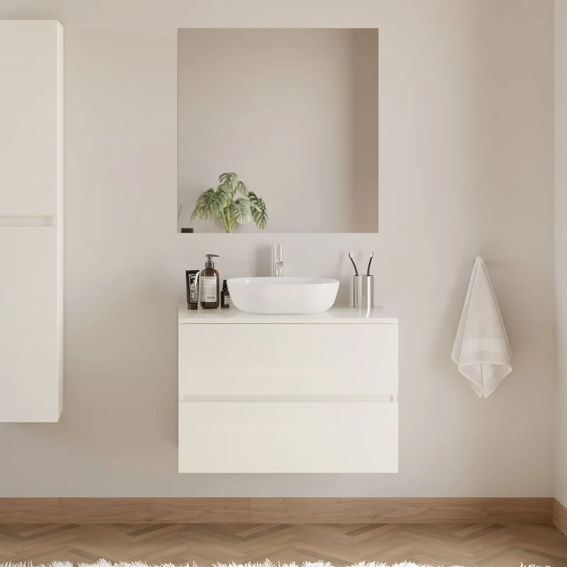 Meuble de salle de bain 80cm avec plateau et vasque à poser arrondie - 2 tiroirs - IDA