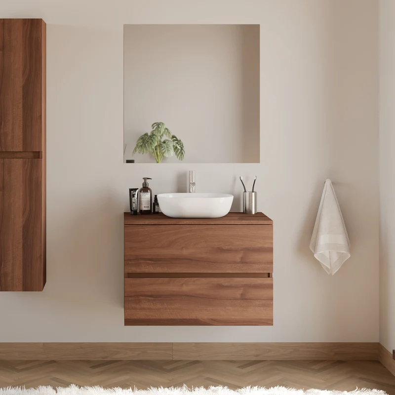 Meuble de salle de bain 80cm avec plateau et vasque à poser arrondie - 2 tiroirs - IDA