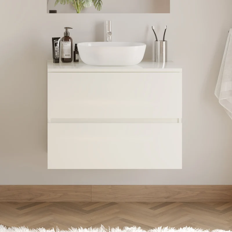 Meuble de salle de bain 60cm avec plateau et vasque à poser arrondie - 2 tiroirs - IDA