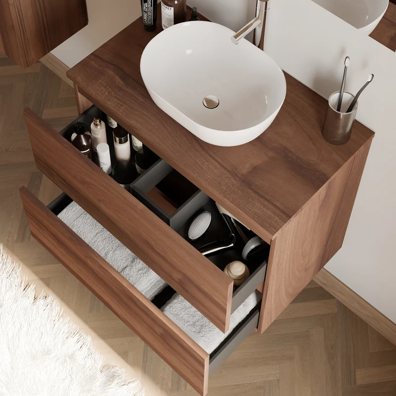 Meuble de salle de bain 60cm avec plateau et vasque à poser arrondie - 2 tiroirs - IDA