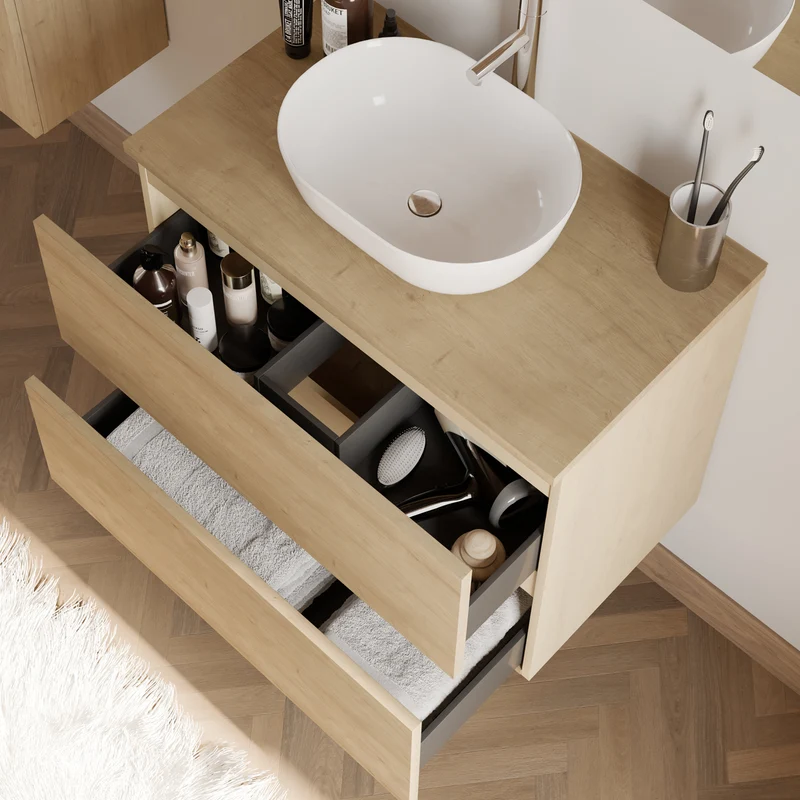 Meuble de salle de bain 60cm avec plateau et vasque à poser arrondie - 2 tiroirs - IDA