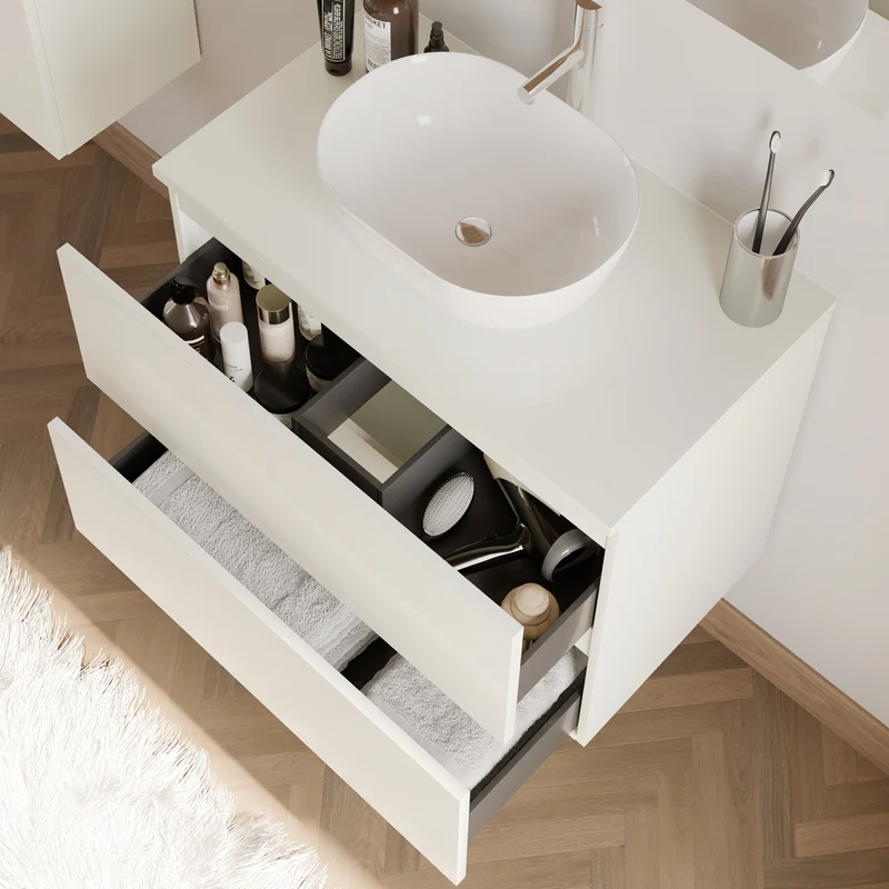 Meuble de salle de bain 60cm avec plateau et vasque à poser arrondie - 2 tiroirs - IDA