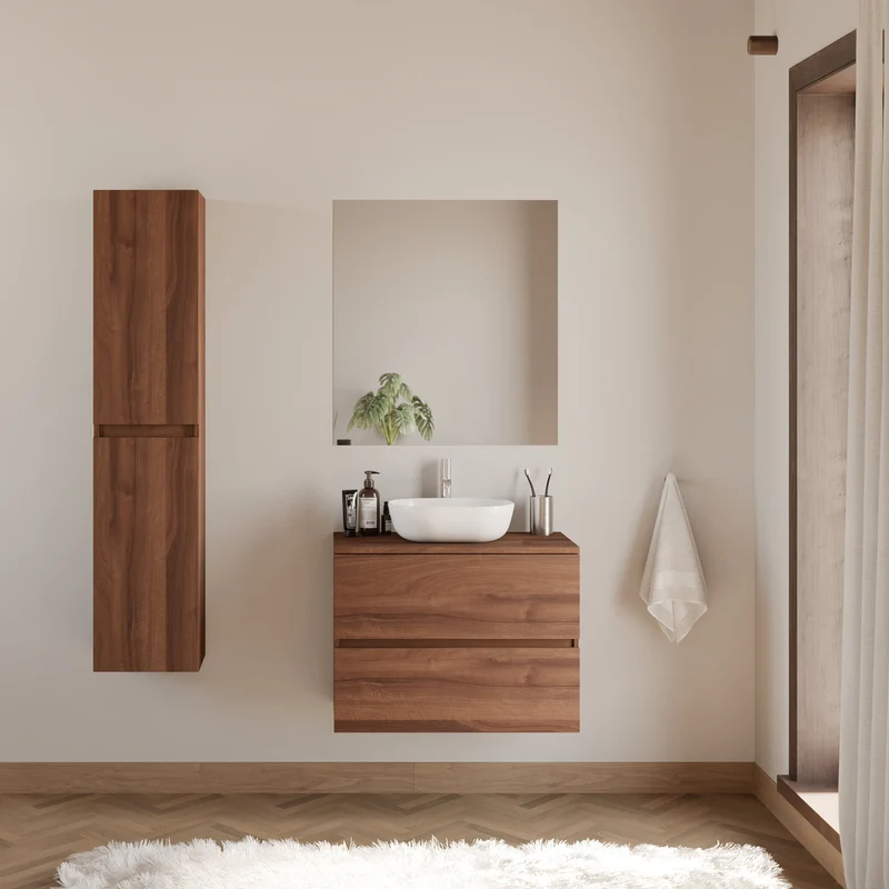 Meuble de salle de bain 60cm avec plateau et vasque à poser arrondie - 2 tiroirs - IDA