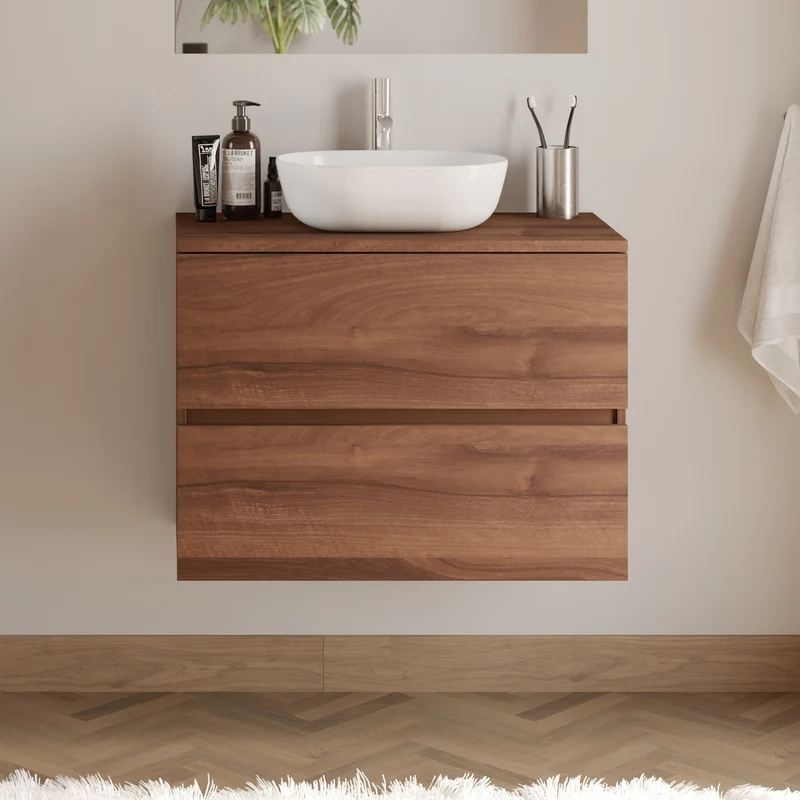 Meuble de salle de bain 60cm avec plateau et vasque à poser arrondie - 2 tiroirs - IDA