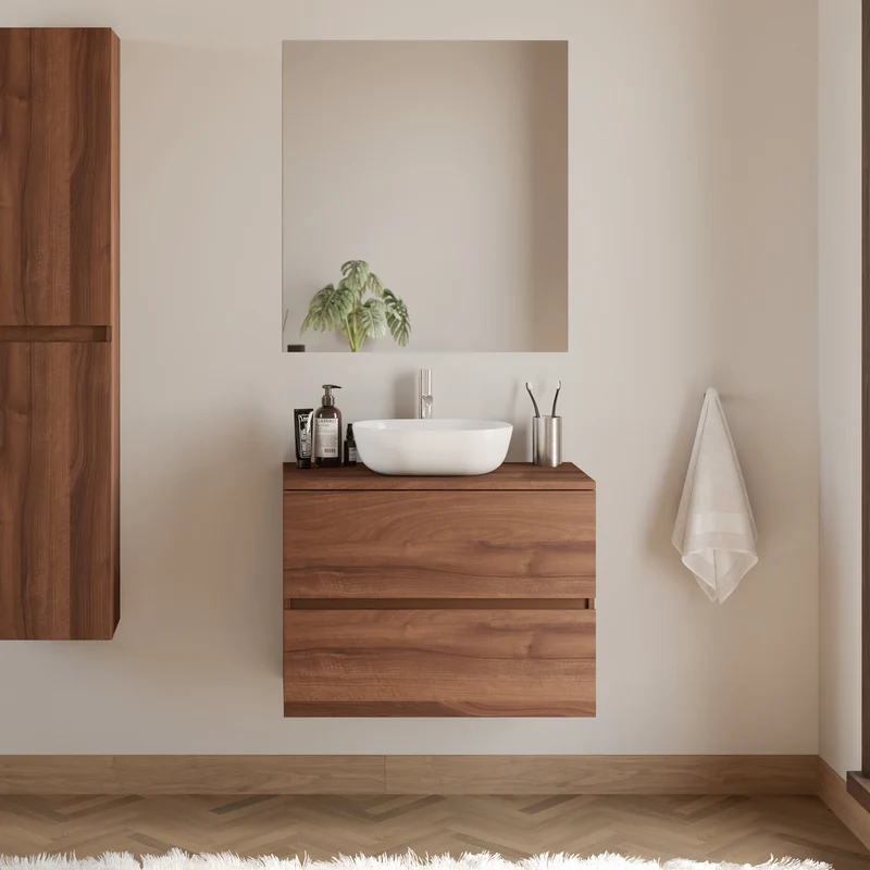 Meuble de salle de bain 60cm avec plateau et vasque à poser arrondie - 2 tiroirs - IDA