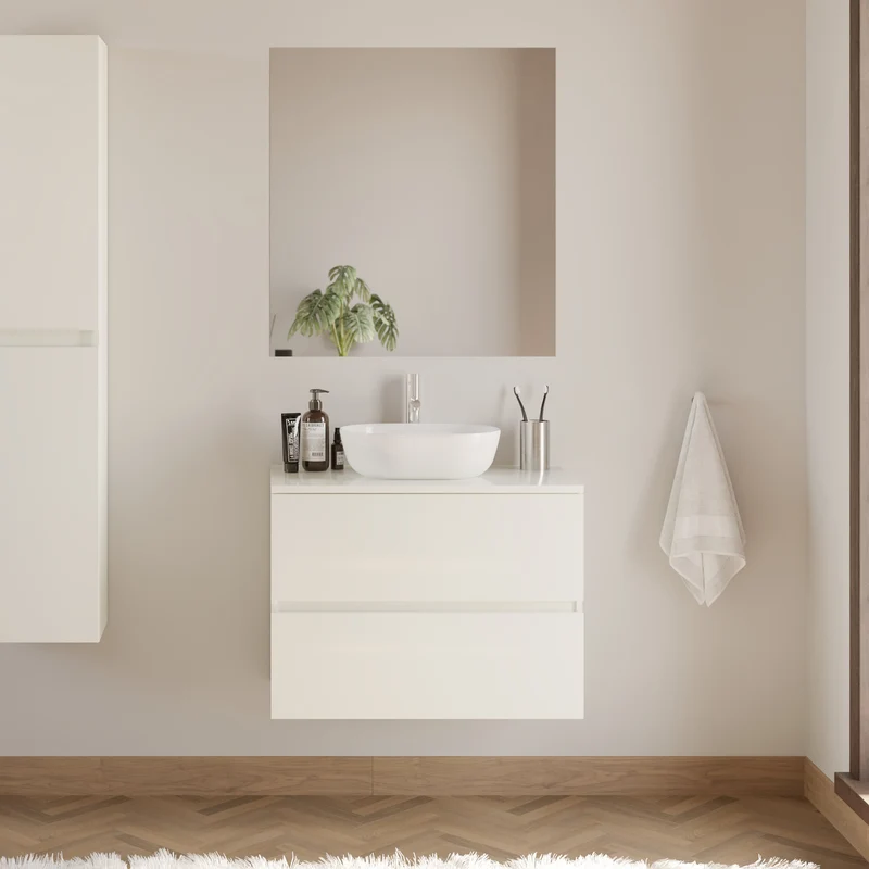 Meuble de salle de bain 60cm avec plateau et vasque à poser arrondie - 2 tiroirs - IDA