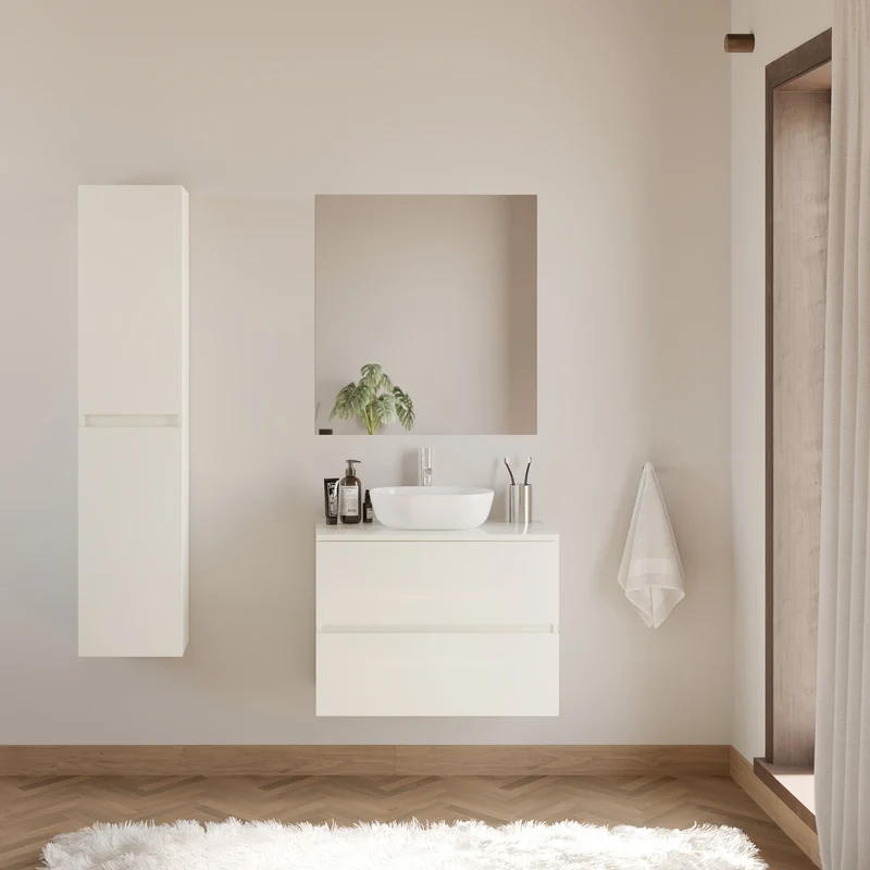 Meuble de salle de bain 60cm avec plateau et vasque à poser arrondie - 2 tiroirs - IDA