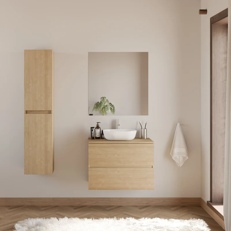 Meuble de salle de bain 60cm avec plateau et vasque à poser arrondie - 2 tiroirs - IDA