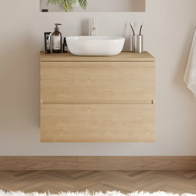 Meuble de salle de bain 60cm avec plateau et vasque à poser arrondie - 2 tiroirs - IDA
