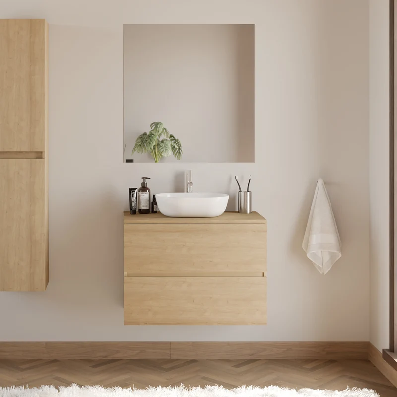 Meuble de salle de bain 60cm avec plateau et vasque à poser arrondie - 2 tiroirs - IDA