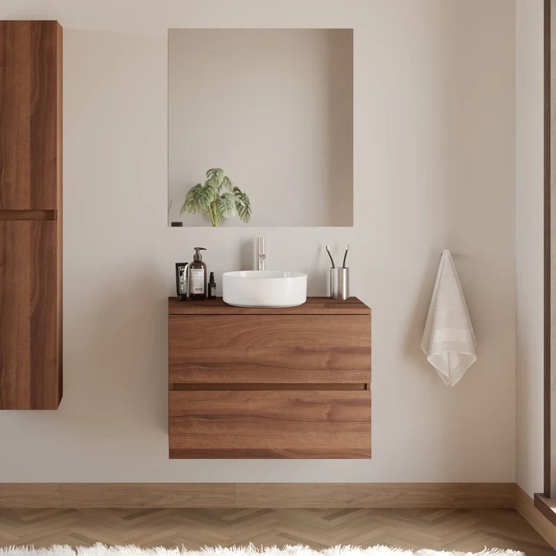 Meuble de salle de bain 60cm avec plateau et vasque à poser ronde - 2 tiroirs - sans miroir - IDA
