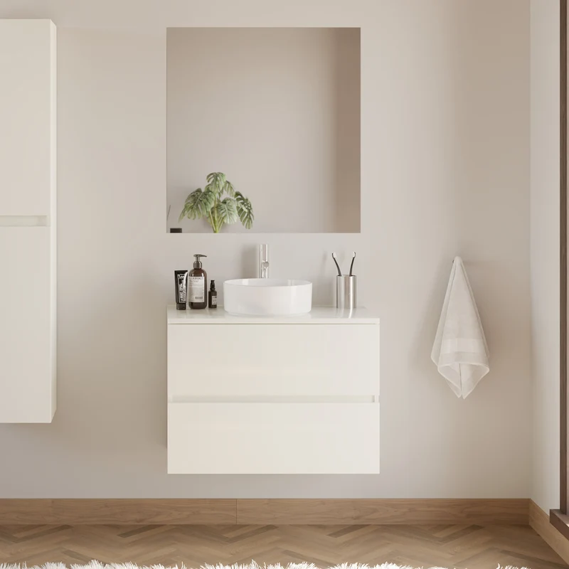 Meuble de salle de bain 60cm avec plateau et vasque à poser ronde - 2 tiroirs - sans miroir - IDA