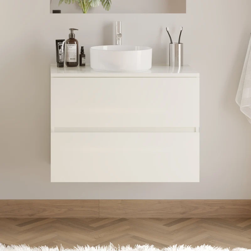 Meuble de salle de bain 60cm avec plateau et vasque à poser ronde - 2 tiroirs - sans miroir - IDA