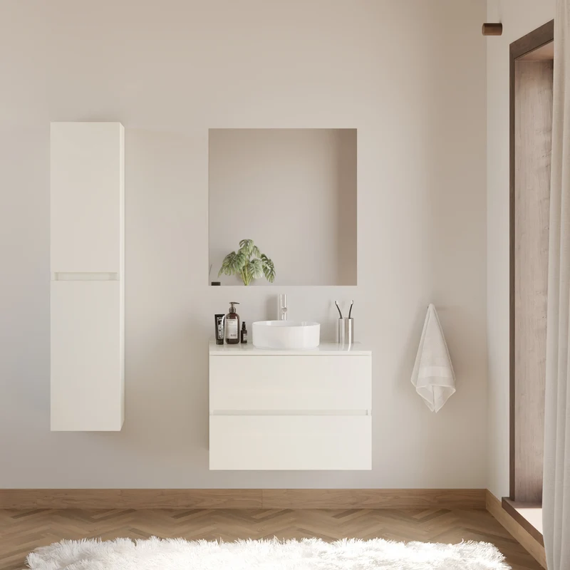 Meuble de salle de bain 60cm avec plateau et vasque à poser ronde - 2 tiroirs - sans miroir - IDA