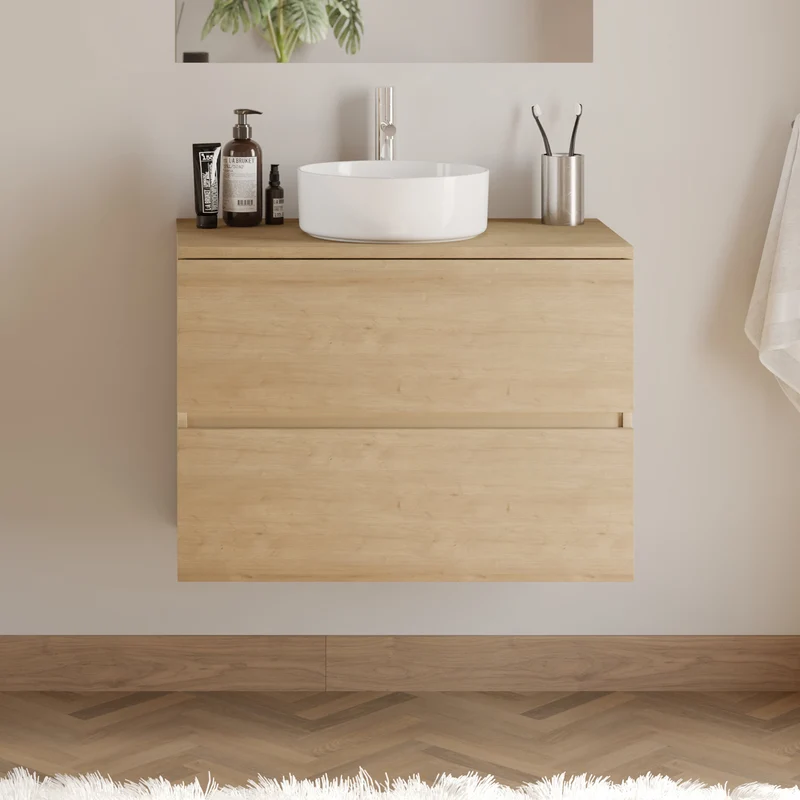 Meuble de salle de bain 60cm avec plateau et vasque à poser ronde - 2 tiroirs - sans miroir - IDA