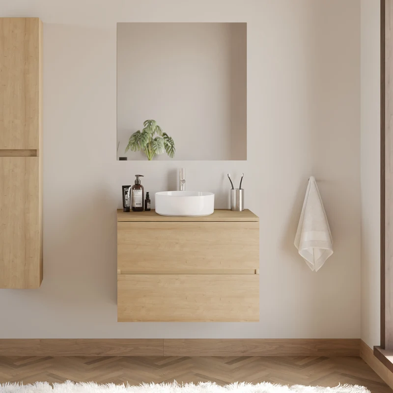 Meuble de salle de bain 60cm avec plateau et vasque à poser ronde - 2 tiroirs - sans miroir - IDA