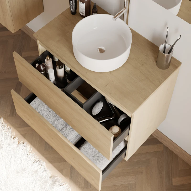 Meuble de salle de bain 60cm avec plateau et vasque à poser ronde - 2 tiroirs - sans miroir - IDA