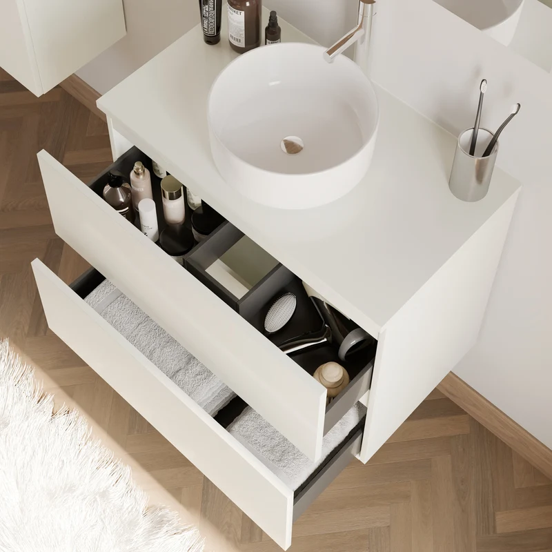 Meuble de salle de bain 60cm avec plateau et vasque à poser ronde - 2 tiroirs - sans miroir - IDA