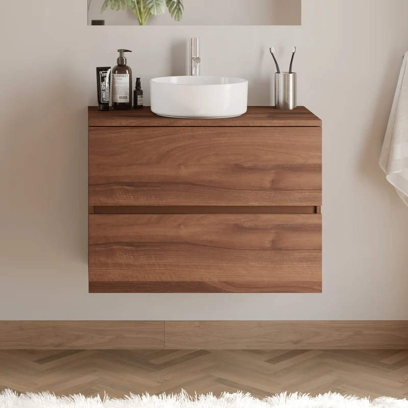 Meuble de salle de bain 60cm avec plateau et vasque à poser ronde - 2 tiroirs - sans miroir - IDA
