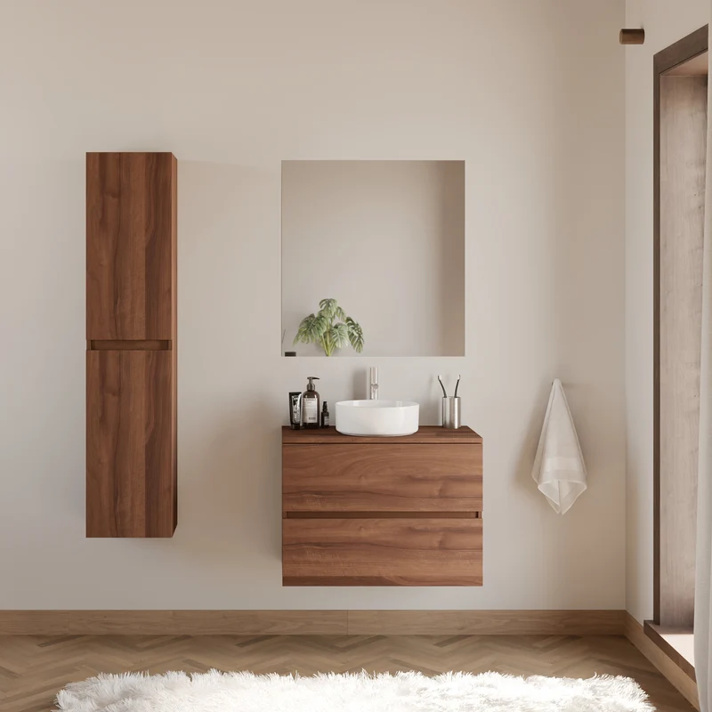 Meuble de salle de bain 60cm avec plateau et vasque à poser ronde - 2 tiroirs - sans miroir - IDA
