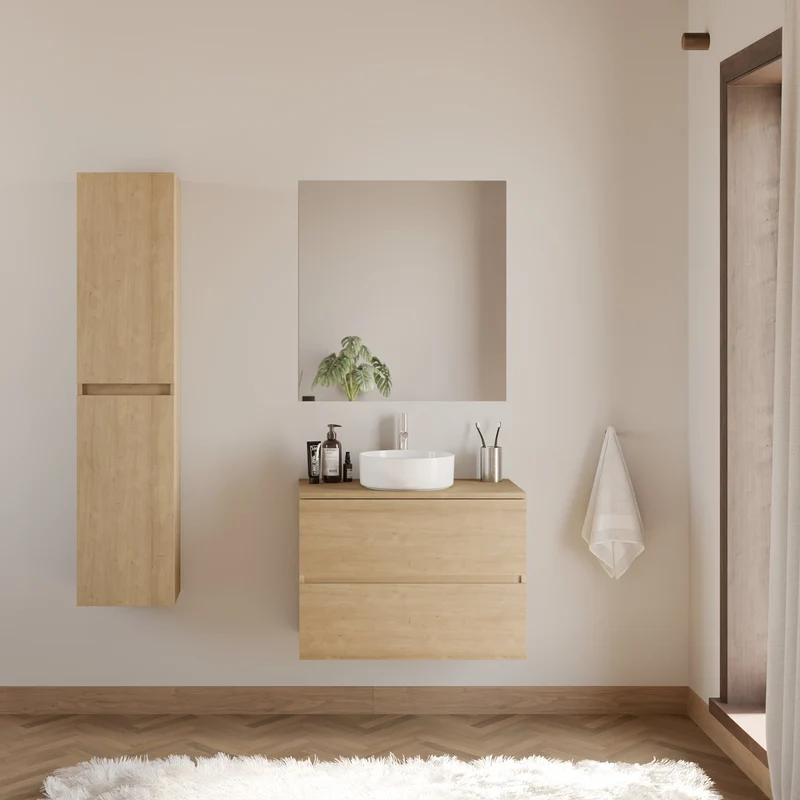 Meuble de salle de bain 60cm avec plateau et vasque à poser ronde - 2 tiroirs - sans miroir - IDA