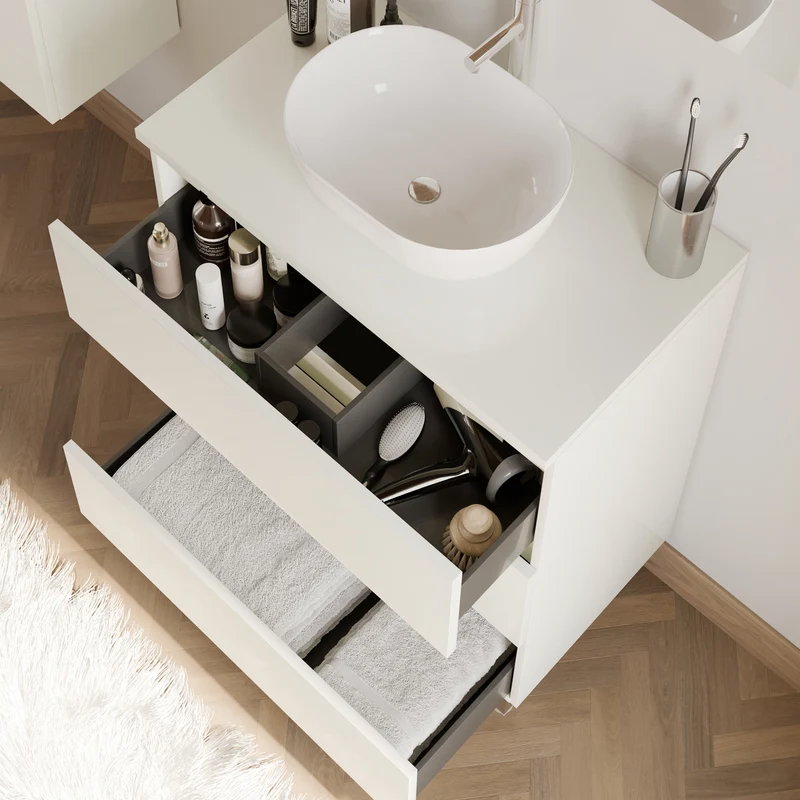 Meuble de salle de bain 60cm avec plateau et vasque à poser arrondie - 3 tiroirs - MAYOR
