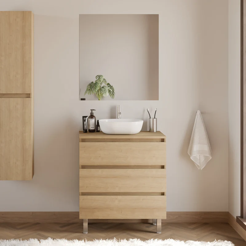 Meuble de salle de bain 60cm avec plateau et vasque à poser arrondie - 3 tiroirs - MAYOR