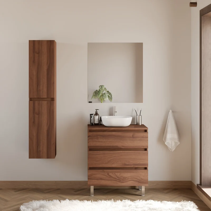 Meuble de salle de bain 60cm avec plateau et vasque à poser arrondie - 3 tiroirs - MAYOR