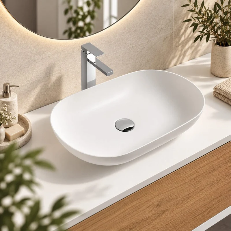Lavabo blanco mate sobre encimera ovalado PALIO de mármol cultivado