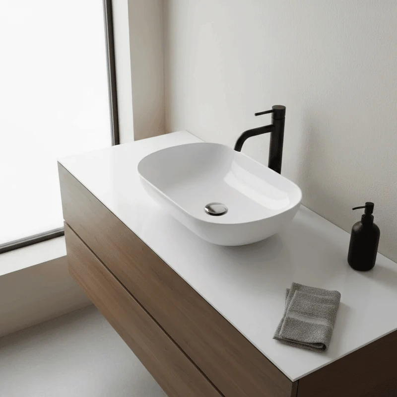 Lavabo blanco mate sobre encimera ovalado PALIO de mármol cultivado