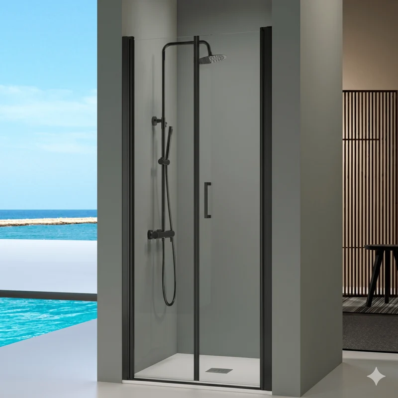 Mampara de ducha esquina Panel fijo + Puerta plegable PRISMA Negro