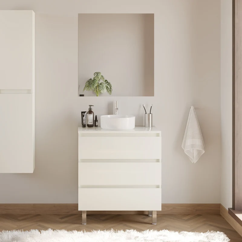 Meuble de salle de bain 60cm avec plateau et vasque à poser ronde - 3 tiroirs - MAYOR