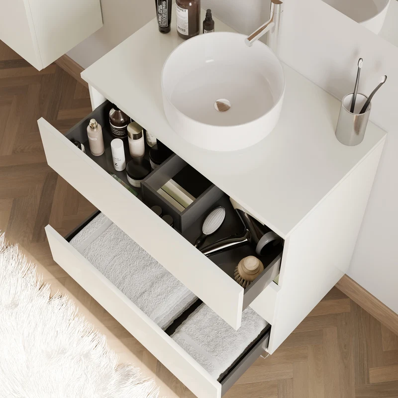 Meuble de salle de bain 60cm avec plateau et vasque à poser ronde - 3 tiroirs - MAYOR