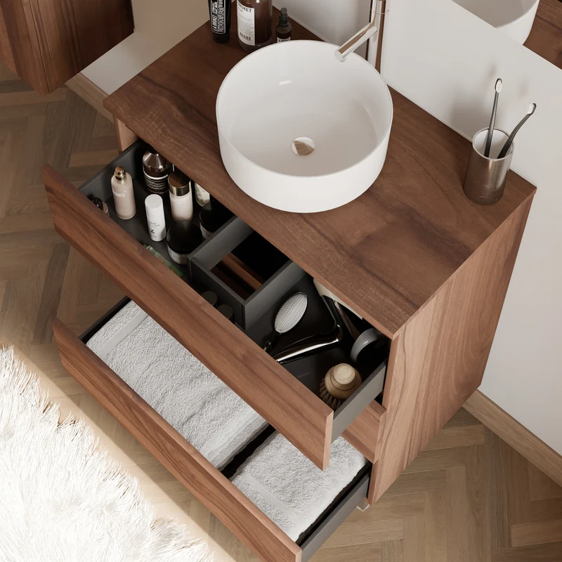Meuble de salle de bain 60cm avec plateau et vasque à poser ronde - 3 tiroirs - MAYOR