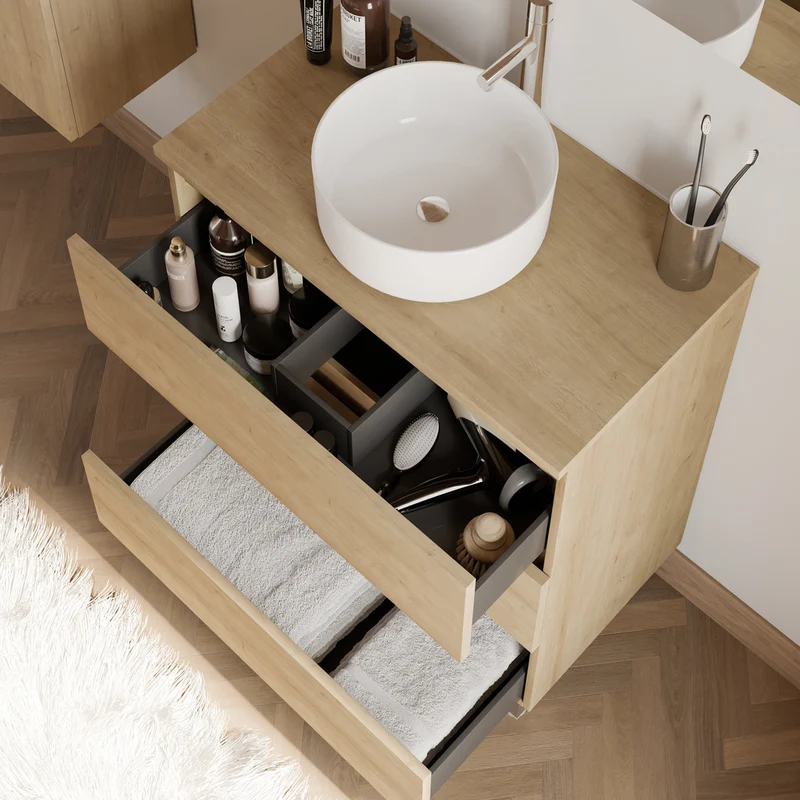 Meuble de salle de bain 60cm avec plateau et vasque à poser ronde - 3 tiroirs - MAYOR
