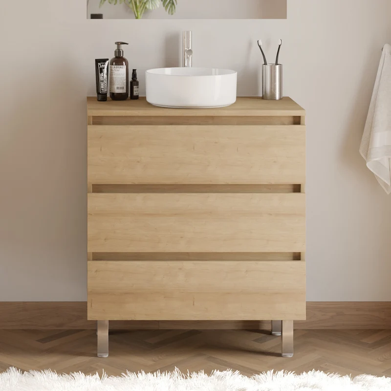 Meuble de salle de bain 60cm avec plateau et vasque à poser ronde - 3 tiroirs - MAYOR