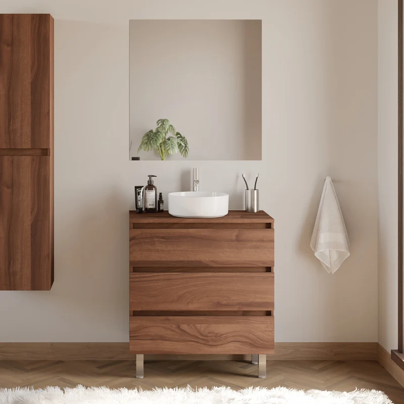 Meuble de salle de bain 60cm avec plateau et vasque à poser ronde - 3 tiroirs - MAYOR