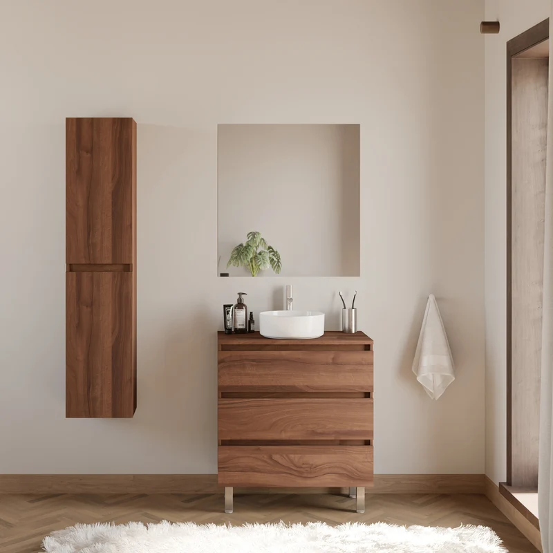 Meuble de salle de bain 60cm avec plateau et vasque à poser ronde - 3 tiroirs - MAYOR
