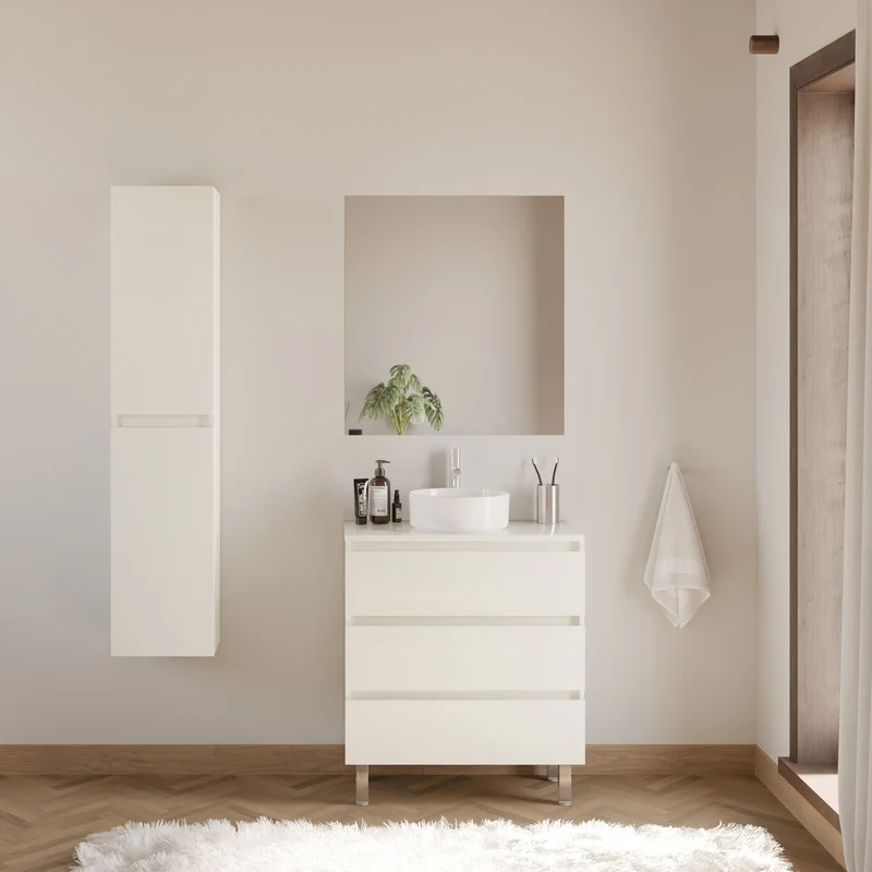Meuble de salle de bain 60cm avec plateau et vasque à poser ronde - 3 tiroirs - MAYOR