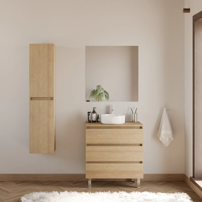Meuble de salle de bain 60cm avec plateau et vasque à poser ronde - 3 tiroirs - MAYOR