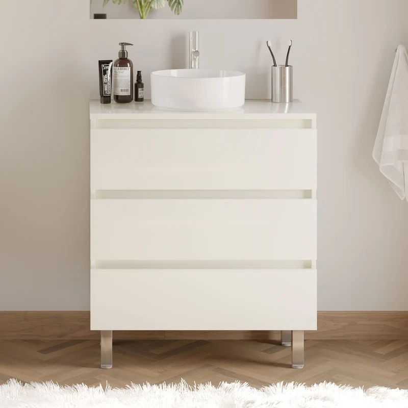 Meuble de salle de bain 60cm avec plateau et vasque à poser ronde - 3 tiroirs - MAYOR