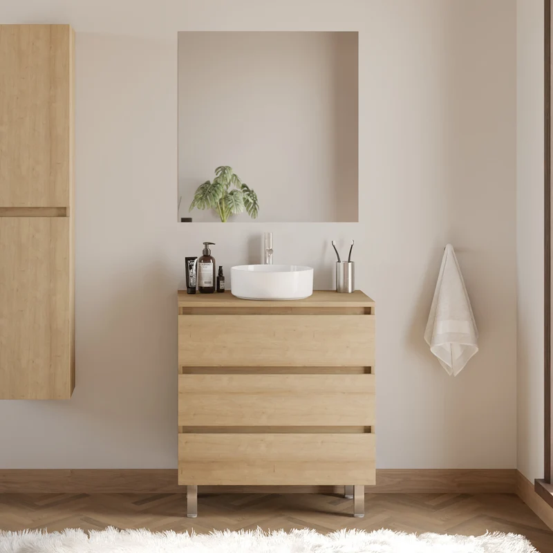 Meuble de salle de bain 60cm avec plateau et vasque à poser ronde - 3 tiroirs - MAYOR