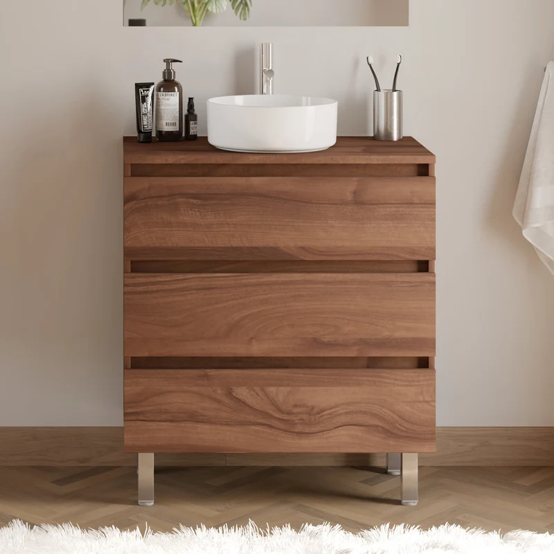 Meuble de salle de bain 60cm avec plateau et vasque à poser ronde - 3 tiroirs - MAYOR