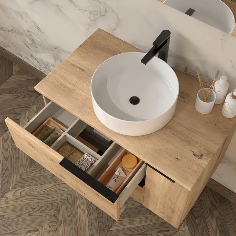 Meuble de salle de bain 80cm avec vasque à poser ronde - sans miroir - 2 tiroirs et un placard - KING