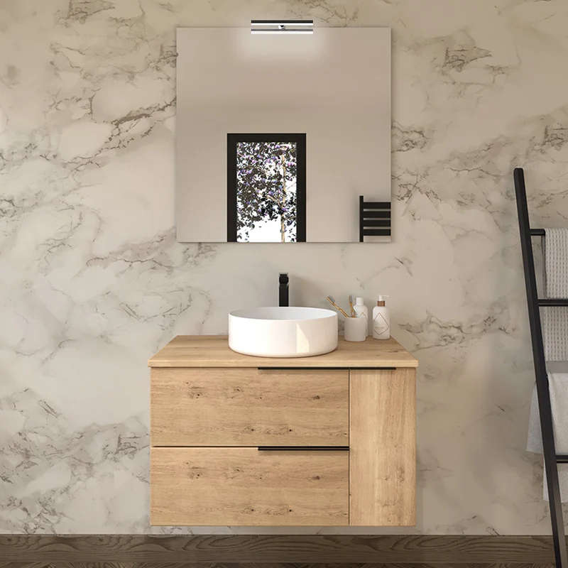 Meuble de salle de bain 80cm avec vasque à poser ronde - 2 tiroirs et un placard et miroir avec applique - KING