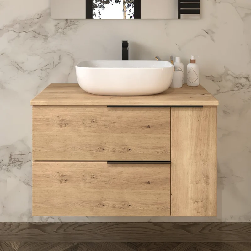 Meuble de salle de bain 80cm avec vasque à poser arrondie - sans miroir - 2 tiroirs et un placard - KING