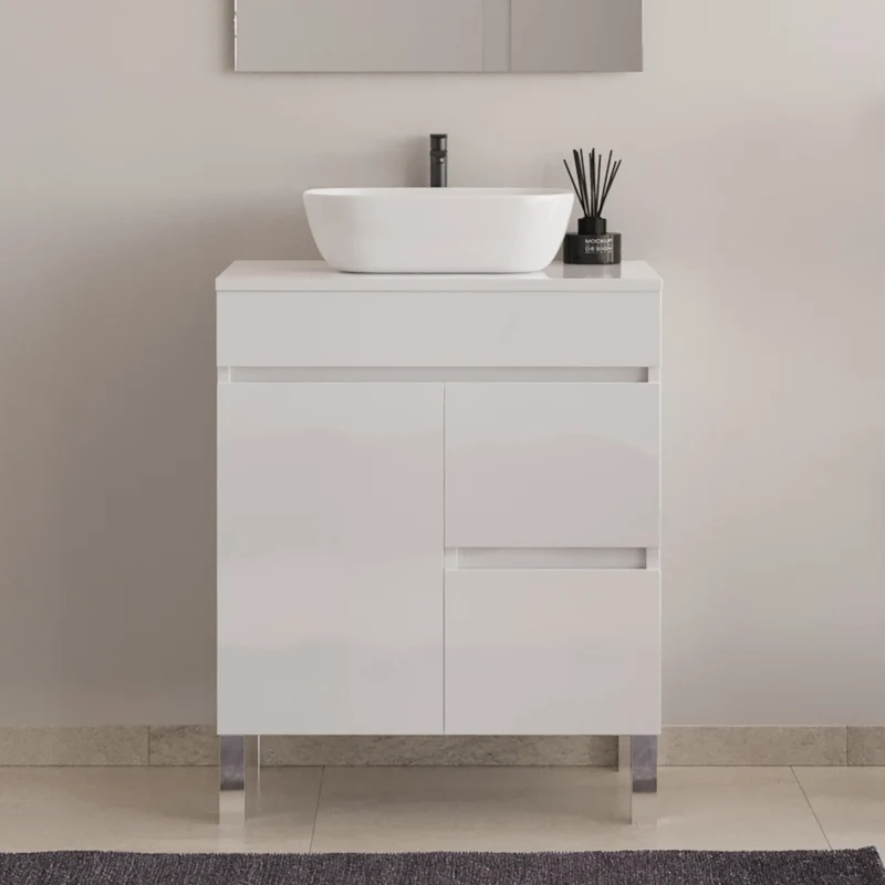Meuble de salle de bain 60cm sur pieds avec plateau et une cuve à poser arrondie - porte et tiroirs - HARO