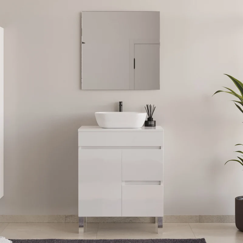 Meuble de salle de bain 60cm sur pieds avec plateau et une cuve à poser arrondie - porte et tiroirs - HARO